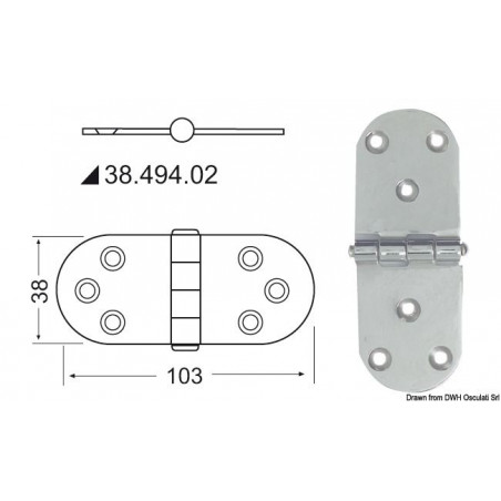 Charnière inox  épaisseur 2 mm - 103 x 38 mm